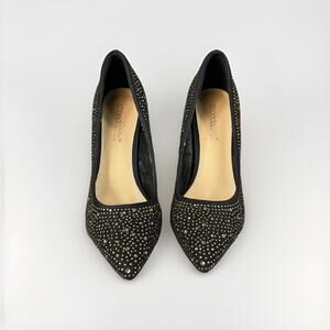 ShoeDazzle Black Gold Rhinestone Pumps Size 7.5 Pointed Toe High Heels